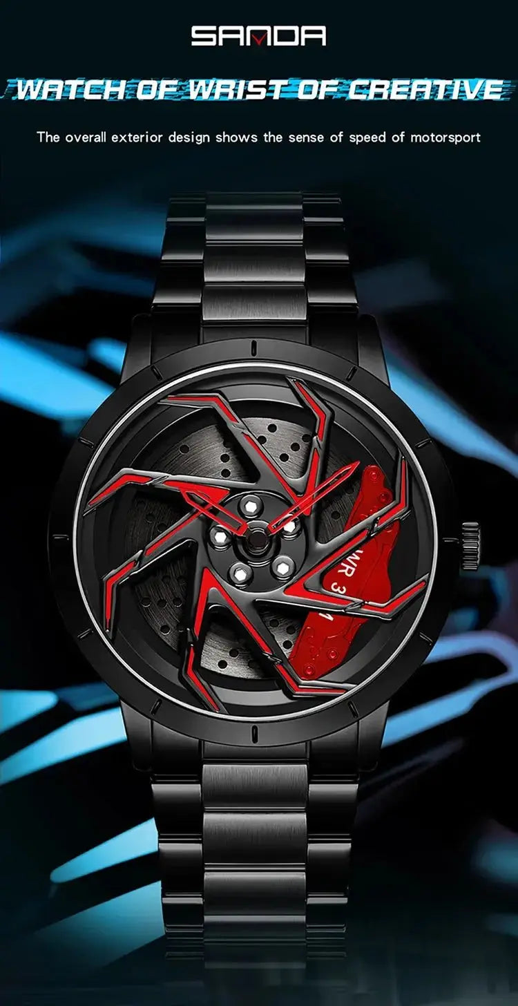 Fashion Hot Sell Car Rim Men Watches Stainless Steel Waterproof Sport Watch 360 Degree Rotating Wheel Rim Dial Quartz Wristwatch