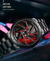 Fashion Hot Sell Car Rim Men Watches Stainless Steel Waterproof Sport Watch 360 Degree Rotating Wheel Rim Dial Quartz Wristwatch