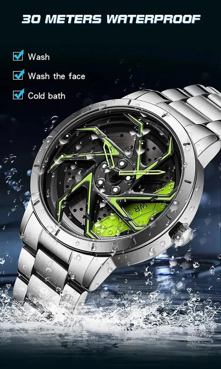 Fashion Hot Sell Car Rim Men Watches Stainless Steel Waterproof Sport Watch 360 Degree Rotating Wheel Rim Dial Quartz Wristwatch