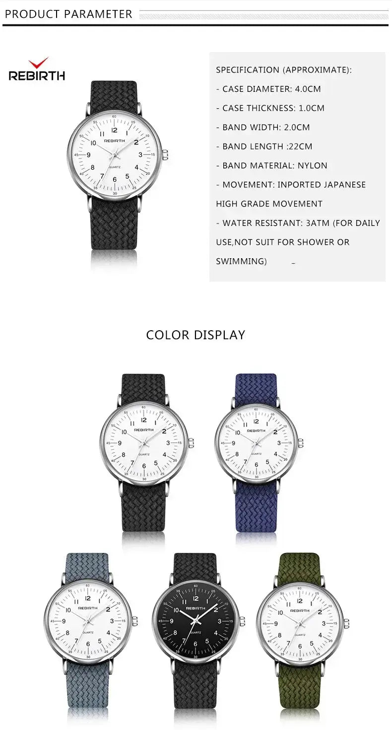 Fashion Rebirth Men Watches Casual Mens Top Brand Luxury Quartz Nylon Strap Clock Sport Male Clocks Man Wristwatches New