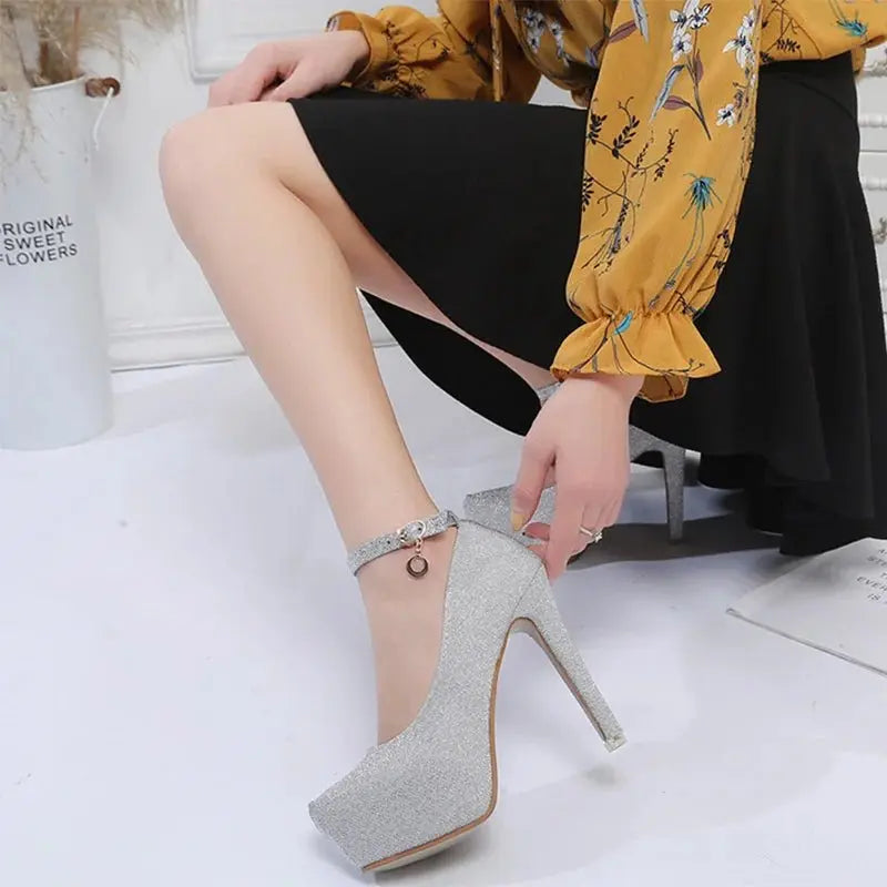 Fashion Wedding Shoes Women High Heels Women Pumps Bride Shoes Platform Super High Heel 12cm Black Silver A2177