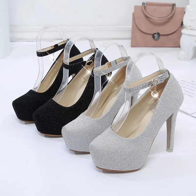 Fashion Wedding Shoes Women High Heels Women Pumps Bride Shoes Platform Super High Heel 12cm Black Silver A2177