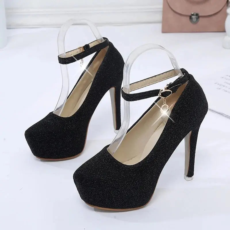 Fashion Wedding Shoes Women High Heels Women Pumps Bride Shoes Platform Super High Heel 12cm Black Silver A2177