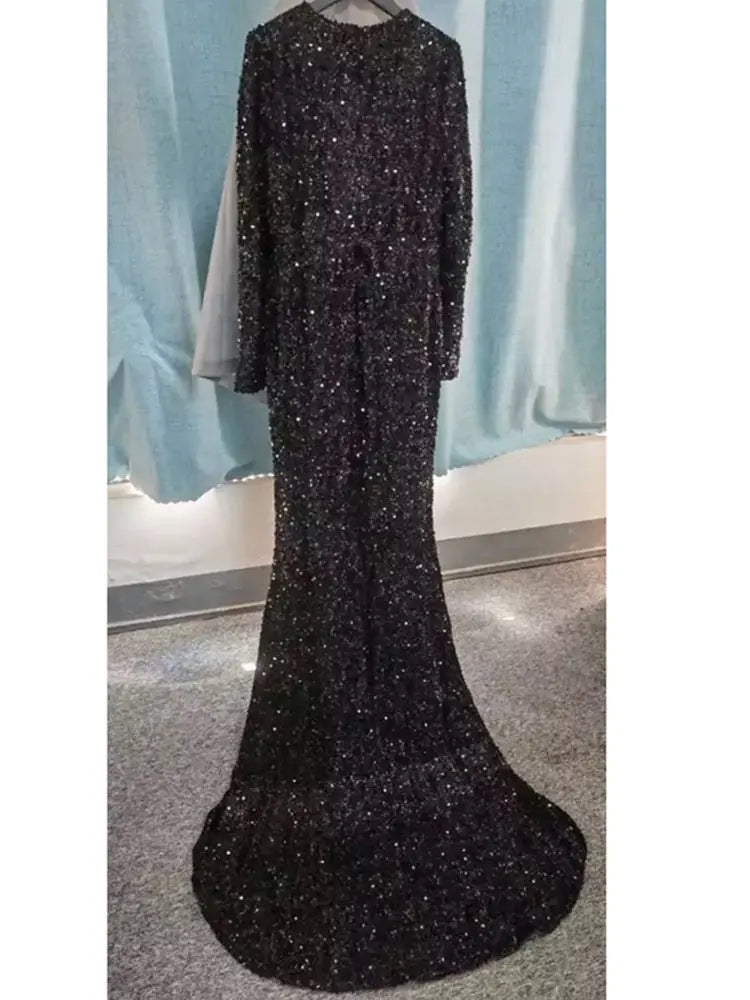 Grey Long Sleeve Sequin Evening Dress