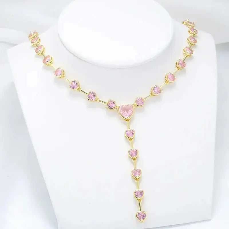 HECHENG,Love Heart Necklace Pink CZ Stone Jewelry set for women heart women bracelets Summer Jewelry wholesale - haalish