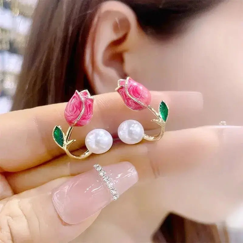 Korean Delicate Crystal Zircon Flower Pearl Stud Earrings For Women Elegant Temperament Wedding Earring Girls Fashion Jewelry