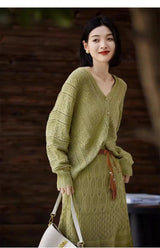 Korean Fashion Slim High Waist Long Skirt Set Autumn Elegant Sets for Women 2 Pieces Loose V-neck Knitted Cardigan Two-piece Set