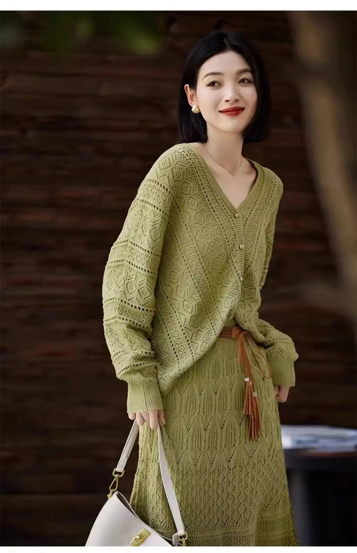 Korean Fashion Slim High Waist Long Skirt Set Autumn Elegant Sets for Women 2 Pieces Loose V-neck Knitted Cardigan Two-piece Set