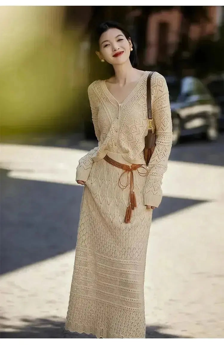 Korean Fashion Slim High Waist Long Skirt Set Autumn Elegant Sets for Women 2 Pieces Loose V-neck Knitted Cardigan Two-piece Set