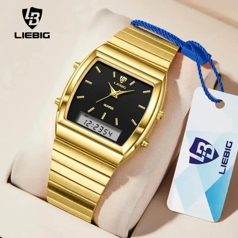 LIEBIG Watch For Men New Fashion Casual Digital Quartz Dual Display Gold Clock Week Time Sport Male Waterproof relogio masculino