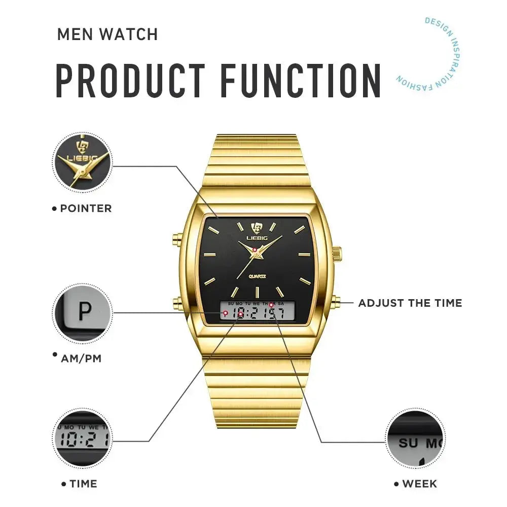 LIEBIG Watch For Men New Fashion Casual Digital Quartz Dual Display Gold Clock Week Time Sport Male Waterproof relogio masculino