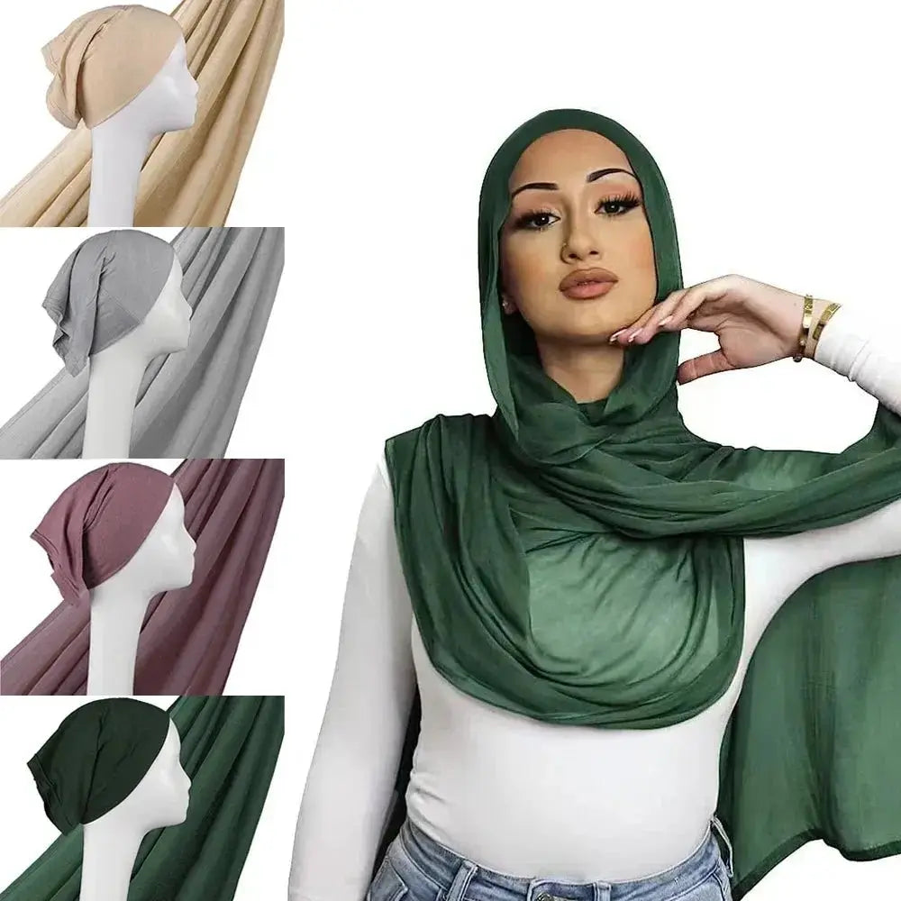 Light Viscose Rayon Shawl One Set Thin Plain Hijabs With Caps High Quality Muslim Fashion Head Scarf Headwraps Islam 185x85cm - haalish