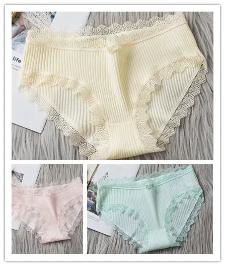 3PCS/Lot Sexy Briefs Women Middle Waist Cotton Underwear Bowtie Panties Breathable Lace Intimates Antibacterial Crotch Lingere - haalish