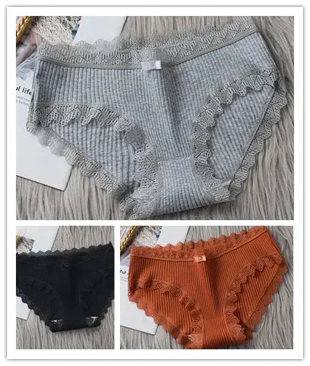 3PCS/Lot Sexy Briefs Women Middle Waist Cotton Underwear Bowtie Panties Breathable Lace Intimates Antibacterial Crotch Lingere - haalish