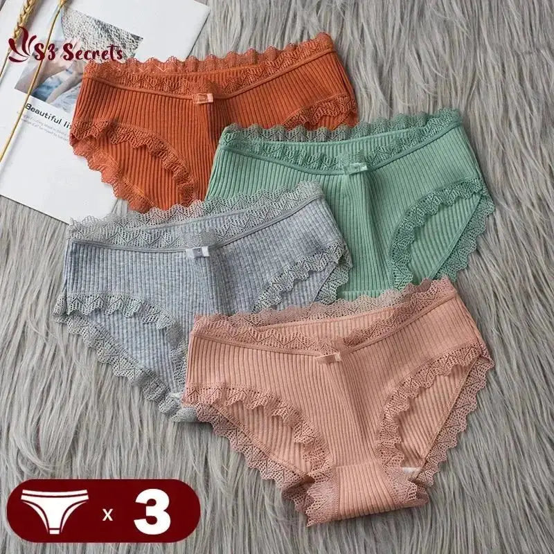 3PCS/Lot Sexy Briefs Women Middle Waist Cotton Underwear Bowtie Panties Breathable Lace Intimates Antibacterial Crotch Lingere