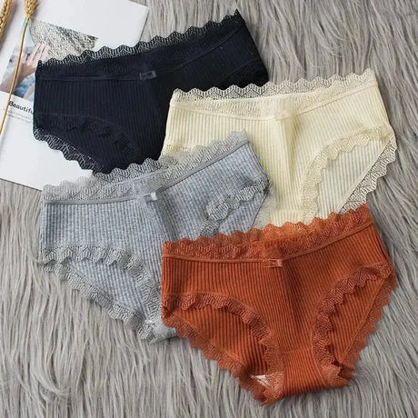 3PCS/Lot Sexy Briefs Women Middle Waist Cotton Underwear Bowtie Panties Breathable Lace Intimates Antibacterial Crotch Lingere