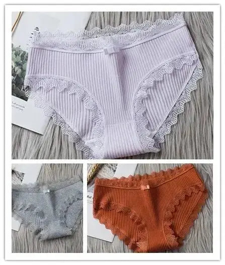 3PCS/Lot Sexy Briefs Women Middle Waist Cotton Underwear Bowtie Panties Breathable Lace Intimates Antibacterial Crotch Lingere