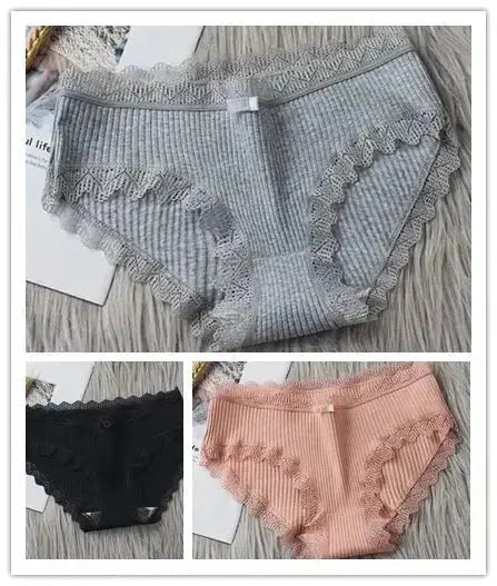 3PCS/Lot Sexy Briefs Women Middle Waist Cotton Underwear Bowtie Panties Breathable Lace Intimates Antibacterial Crotch Lingere