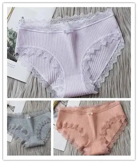 3PCS/Lot Sexy Briefs Women Middle Waist Cotton Underwear Bowtie Panties Breathable Lace Intimates Antibacterial Crotch Lingere