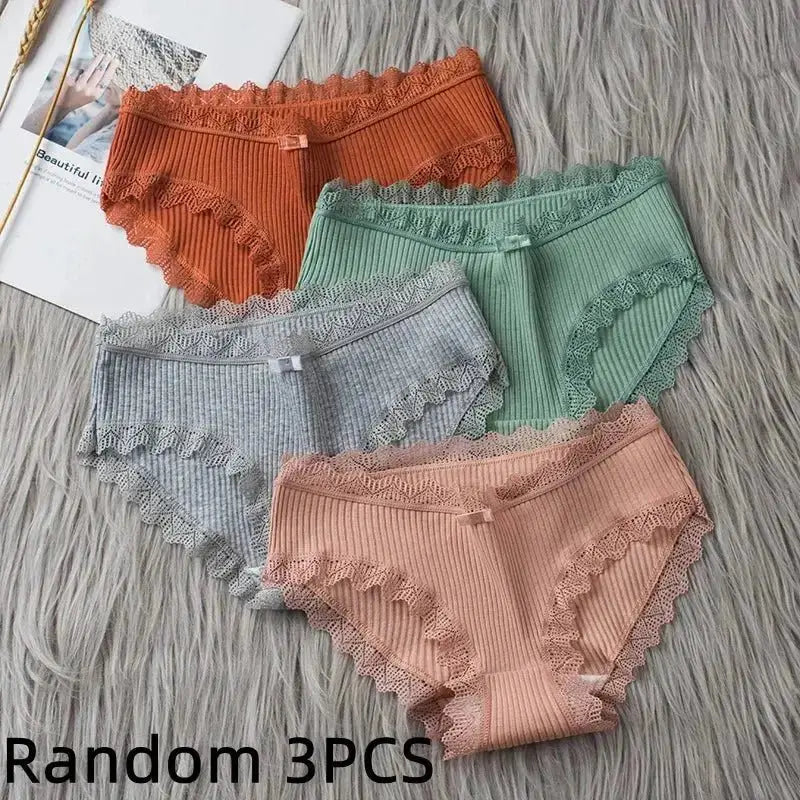 3PCS/Lot Sexy Briefs Women Middle Waist Cotton Underwear Bowtie Panties Breathable Lace Intimates Antibacterial Crotch Lingere