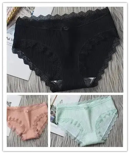 3PCS/Lot Sexy Briefs Women Middle Waist Cotton Underwear Bowtie Panties Breathable Lace Intimates Antibacterial Crotch Lingere