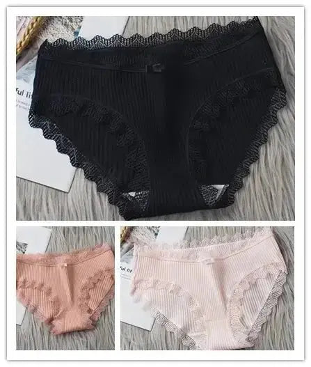 3PCS/Lot Sexy Briefs Women Middle Waist Cotton Underwear Bowtie Panties Breathable Lace Intimates Antibacterial Crotch Lingere