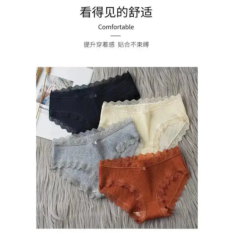 3PCS/Lot Sexy Briefs Women Middle Waist Cotton Underwear Bowtie Panties Breathable Lace Intimates Antibacterial Crotch Lingere