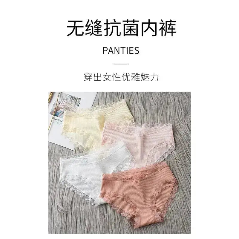 3PCS/Lot Sexy Briefs Women Middle Waist Cotton Underwear Bowtie Panties Breathable Lace Intimates Antibacterial Crotch Lingere