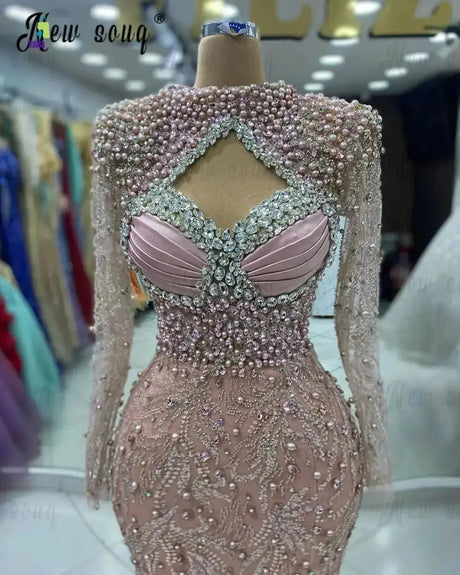 Luxury Long Sleeve Pink Pearls Evening Dress