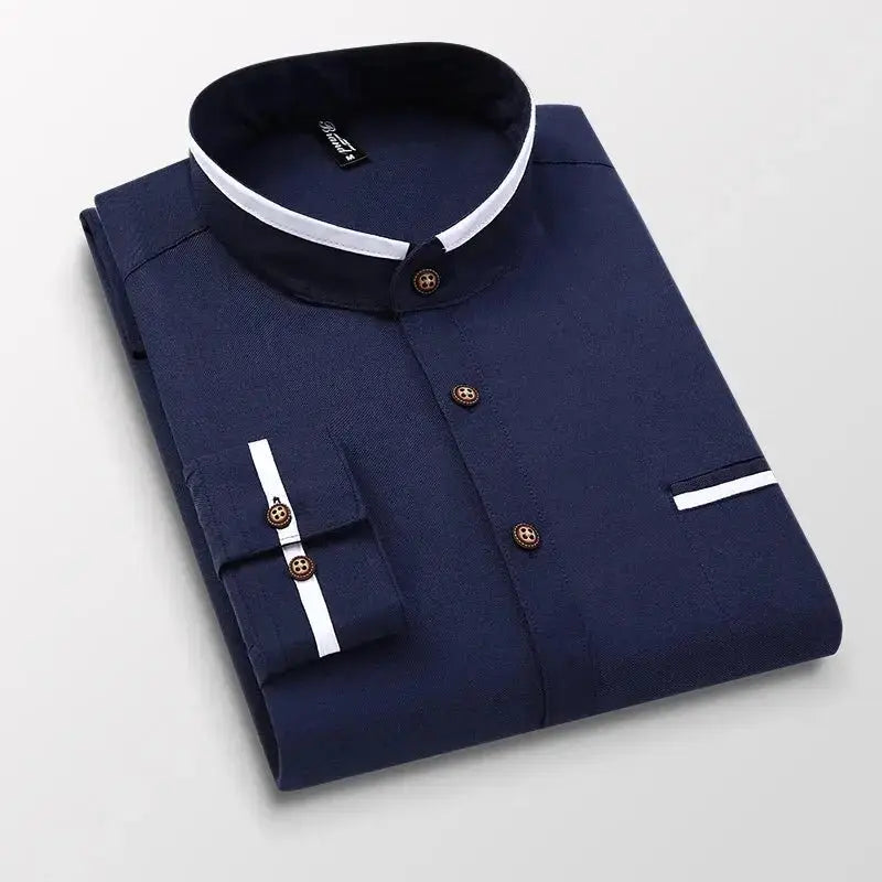 Men's clothing Long Sleeve Regular-fit Button-down Thick Shirts Casual Solid Oxford Dress  White Shirt Single Patch Pocket Stand