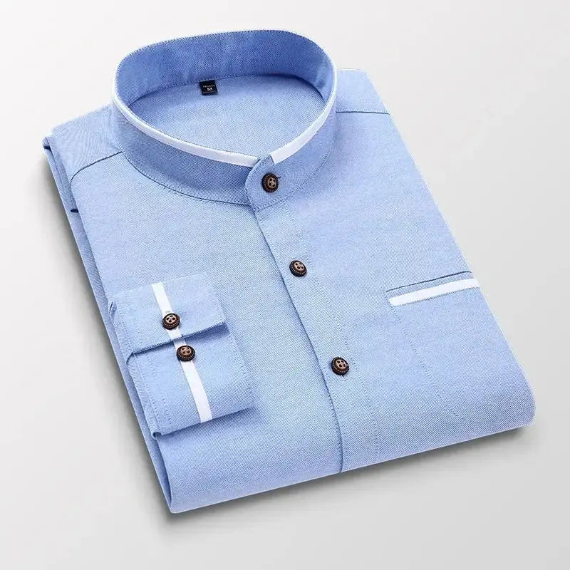 Men's clothing Long Sleeve Regular-fit Button-down Thick Shirts Casual Solid Oxford Dress  White Shirt Single Patch Pocket Stand