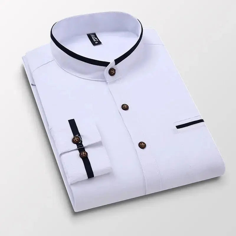 Men's clothing Long Sleeve Regular-fit Button-down Thick Shirts Casual Solid Oxford Dress  White Shirt Single Patch Pocket Stand