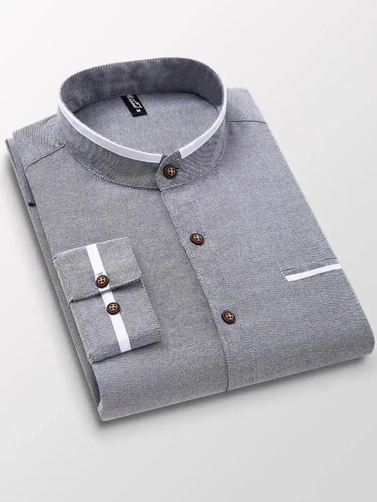 Men's clothing Long Sleeve Regular-fit Button-down Thick Shirts Casual Solid Oxford Dress  White Shirt Single Patch Pocket Stand