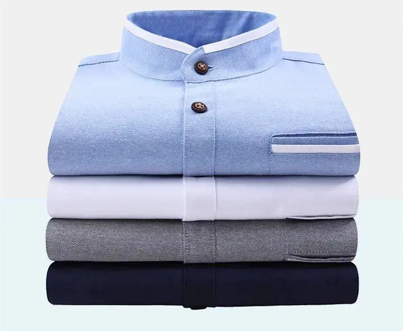 Men's clothing Long Sleeve Regular-fit Button-down Thick Shirts Casual Solid Oxford Dress  White Shirt Single Patch Pocket Stand