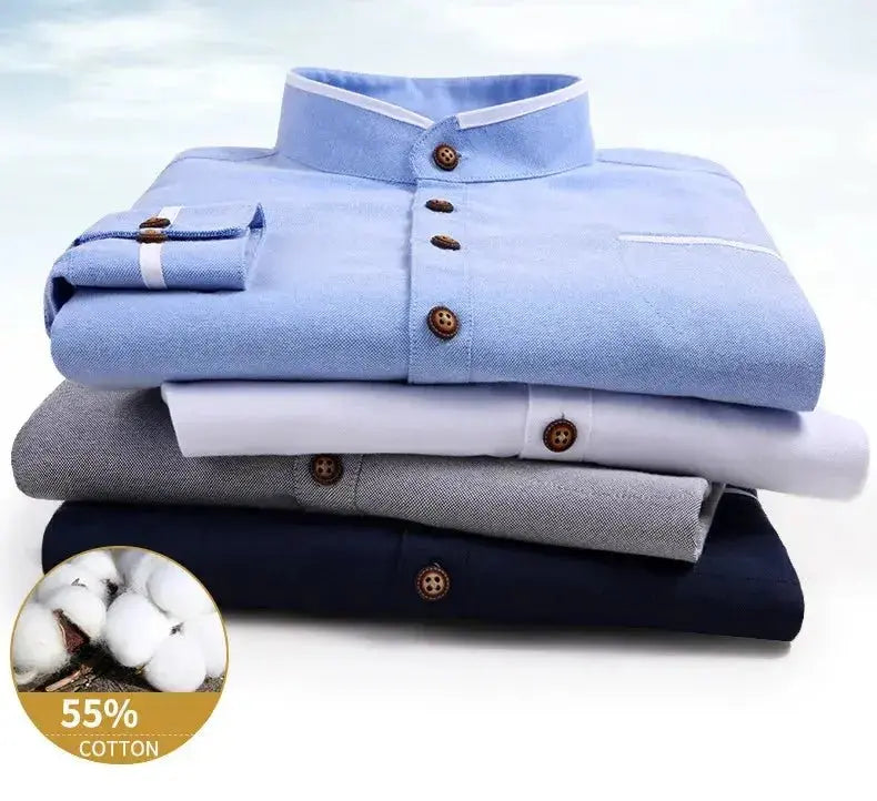 Men's clothing Long Sleeve Regular-fit Button-down Thick Shirts Casual Solid Oxford Dress  White Shirt Single Patch Pocket Stand