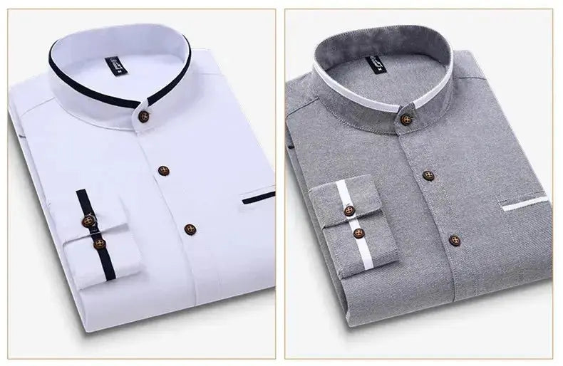 Men's clothing Long Sleeve Regular-fit Button-down Thick Shirts Casual Solid Oxford Dress  White Shirt Single Patch Pocket Stand