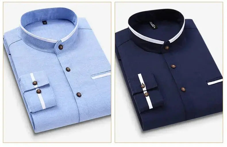 Men's clothing Long Sleeve Regular-fit Button-down Thick Shirts Casual Solid Oxford Dress  White Shirt Single Patch Pocket Stand