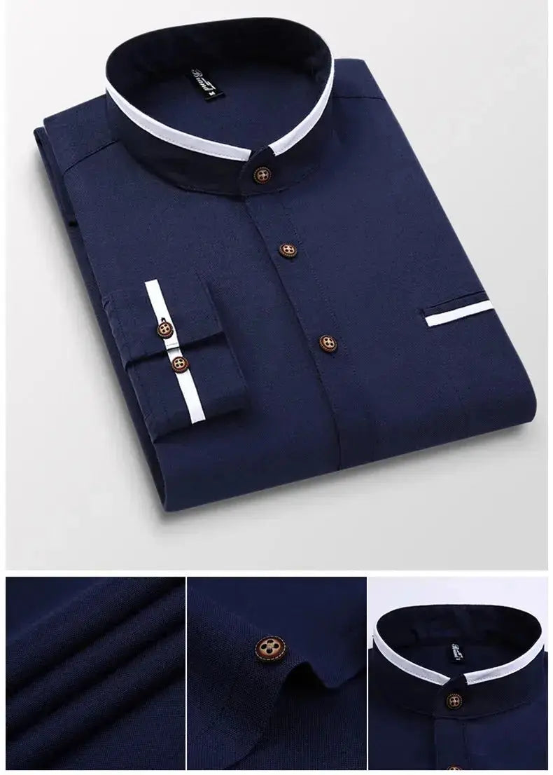 Men's clothing Long Sleeve Regular-fit Button-down Thick Shirts Casual Solid Oxford Dress  White Shirt Single Patch Pocket Stand