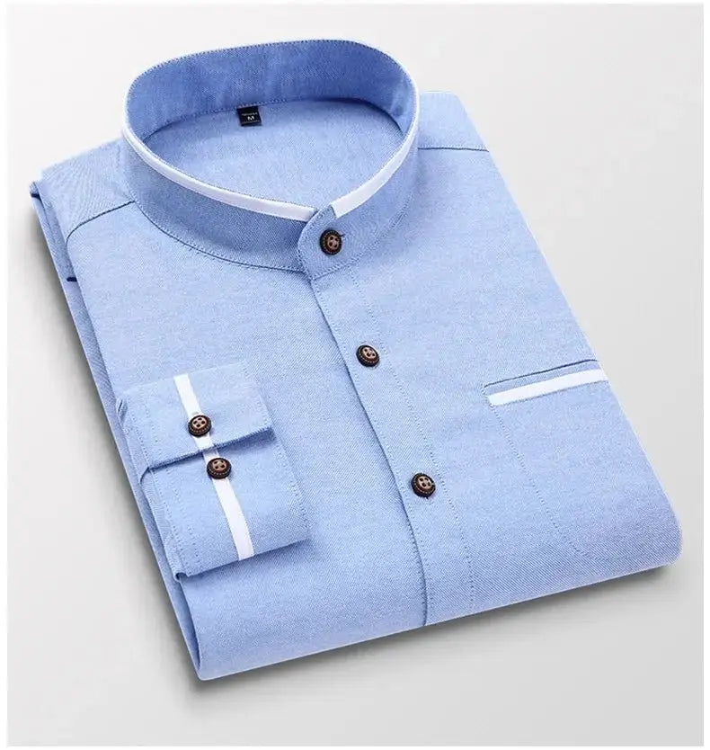 Men's clothing Long Sleeve Regular-fit Button-down Thick Shirts Casual Solid Oxford Dress  White Shirt Single Patch Pocket Stand - haalish