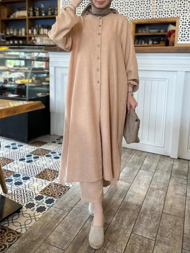 Muslim Dress for Women Blouse 2 Piece Set Long Sleeve Abaya Shirt Wide Leg Pant Suits Arabic Dubai Dresses Musulman Ensembles