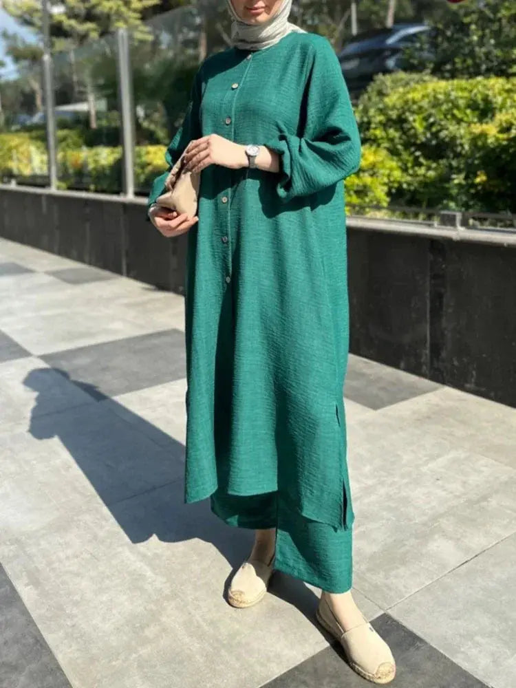 Muslim Dress for Women Blouse 2 Piece Set Long Sleeve Abaya Shirt Wide Leg Pant Suits Arabic Dubai Dresses Musulman Ensembles