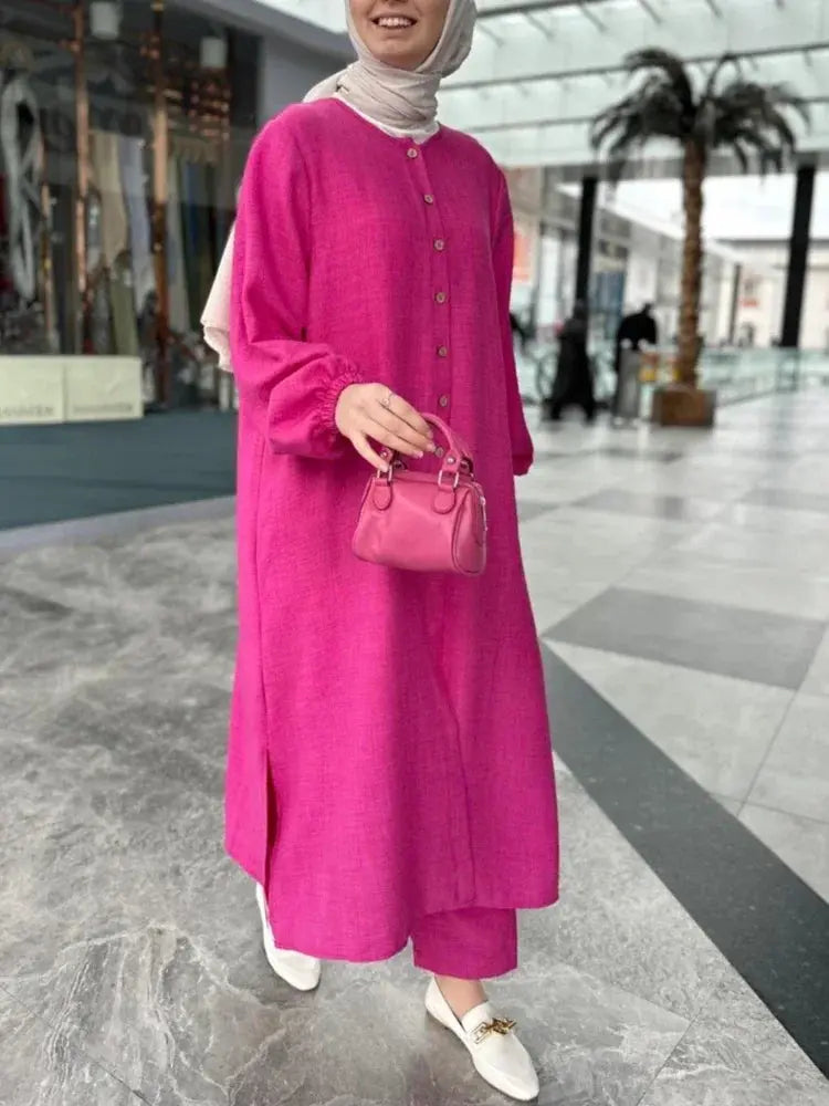 Muslim Dress for Women Blouse 2 Piece Set Long Sleeve Abaya Shirt Wide Leg Pant Suits Arabic Dubai Dresses Musulman Ensembles