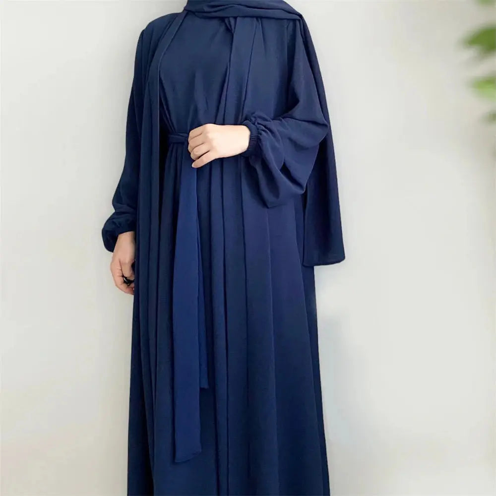 New Abaya Set Crinkle Fabric Open Abaya+Inner Long Dress Islamic Clothing Muslim Women Dresses Set Turkish Kaftan Ramadan Eid