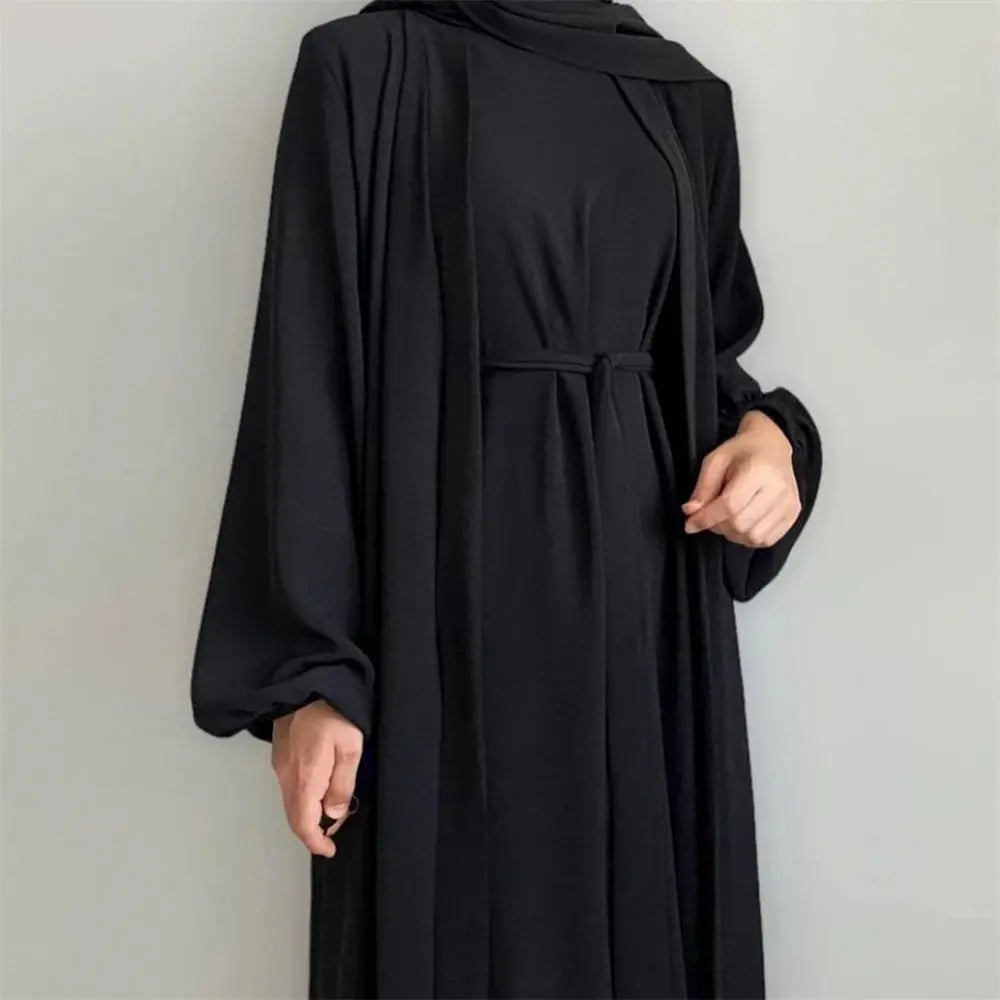 New Abaya Set Crinkle Fabric Open Abaya+Inner Long Dress Islamic Clothing Muslim Women Dresses Set Turkish Kaftan Ramadan Eid