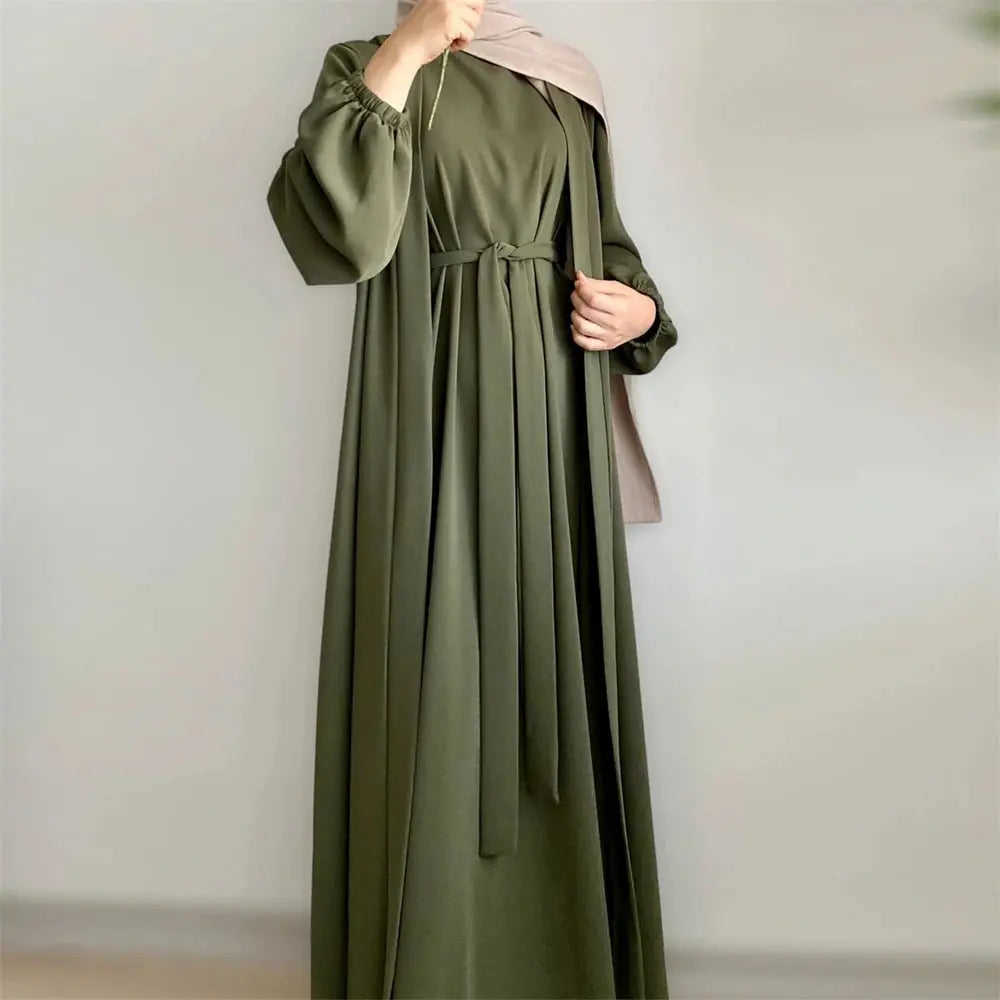 New Abaya Set Crinkle Fabric Open Abaya+Inner Long Dress Islamic Clothing Muslim Women Dresses Set Turkish Kaftan Ramadan Eid