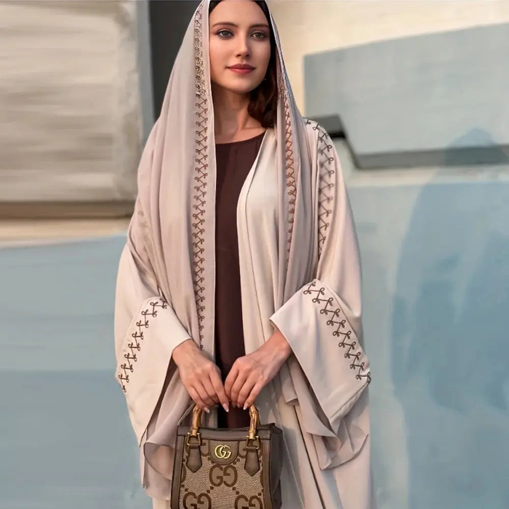 New Arrival Buckles Embroidery Abaya Hijab Dress Kimono Coat Outwear Women Long Sleeve Loose Arabic Muslim Dubai Moroccan Caftan