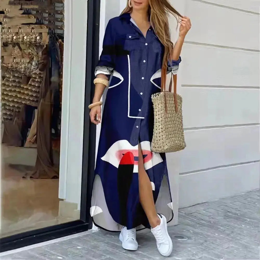 New Fashion Long Sleeve Printed Shirt Dress Long Dress Women