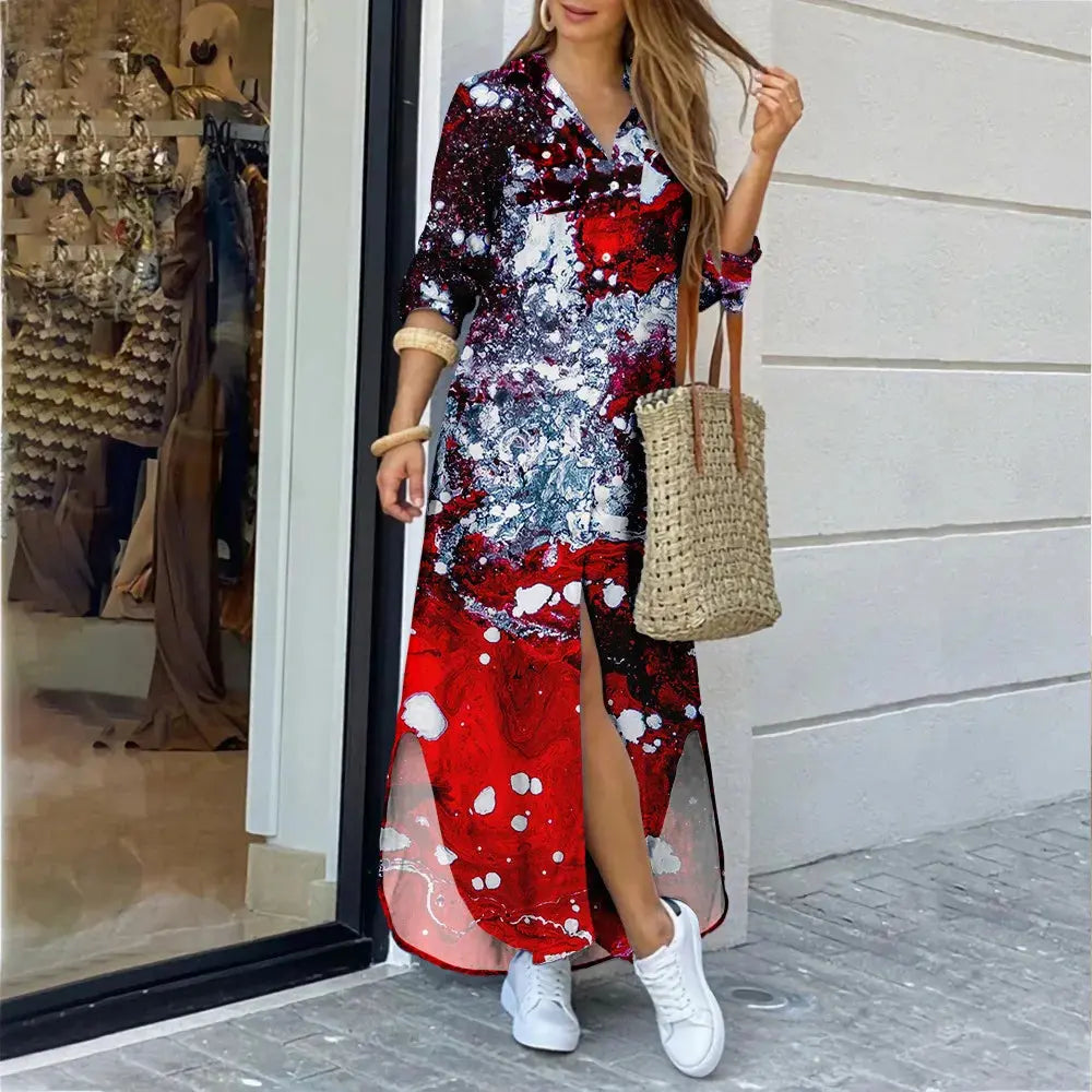 New Fashion Long Sleeve Printed Shirt Dress Long Dress Women