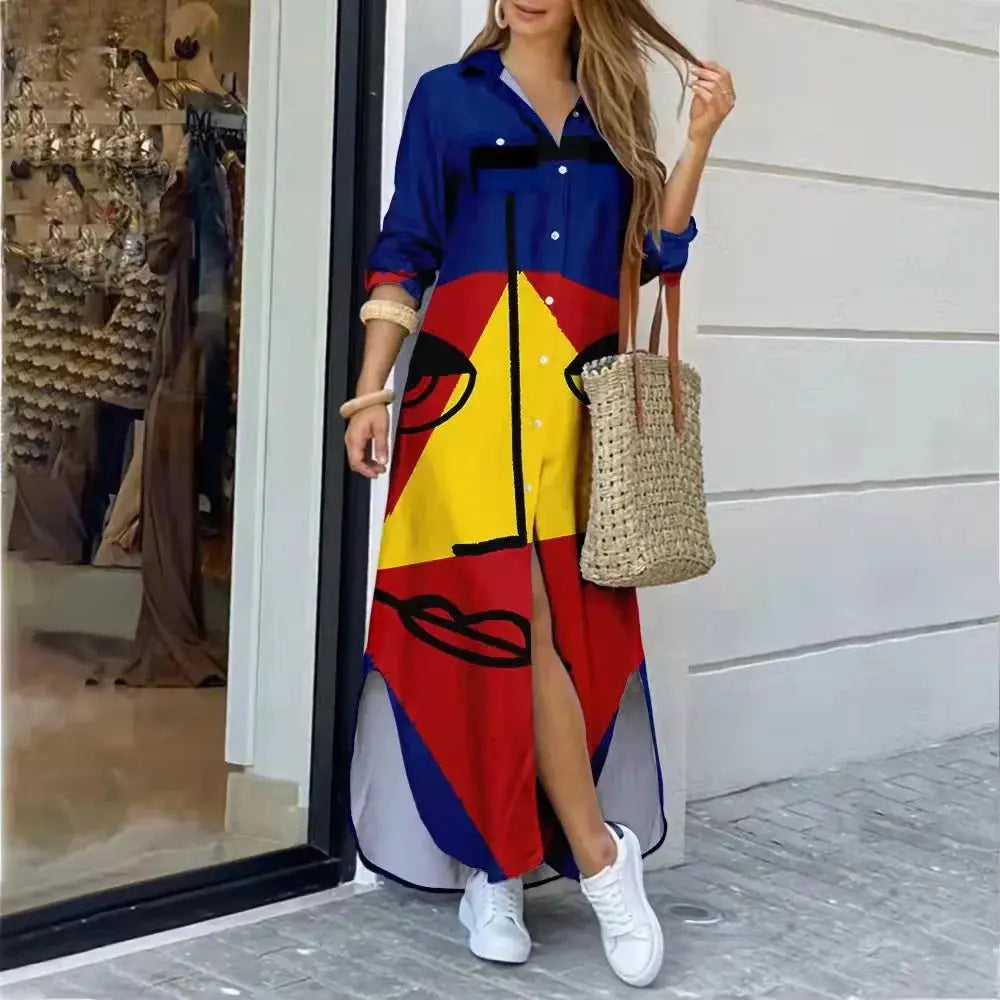 New Fashion Long Sleeve Printed Shirt Dress Long Dress Women