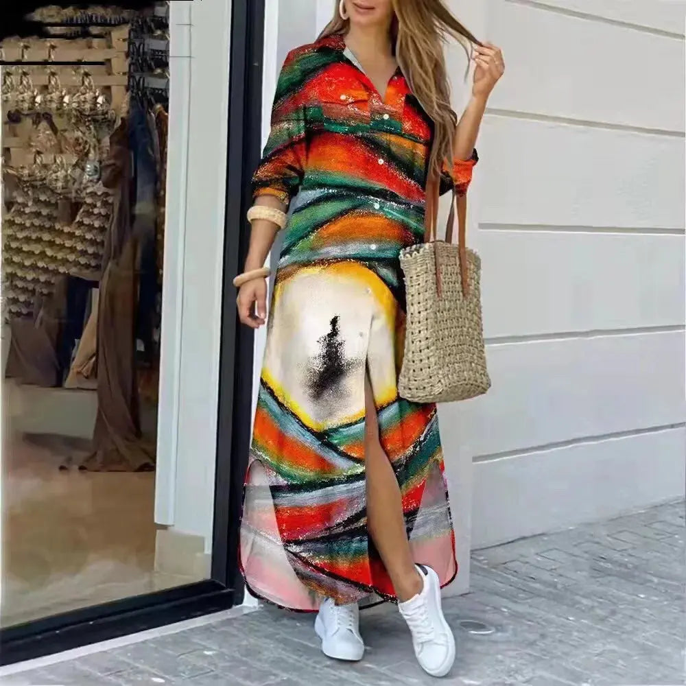 New Fashion Long Sleeve Printed Shirt Dress Long Dress Women